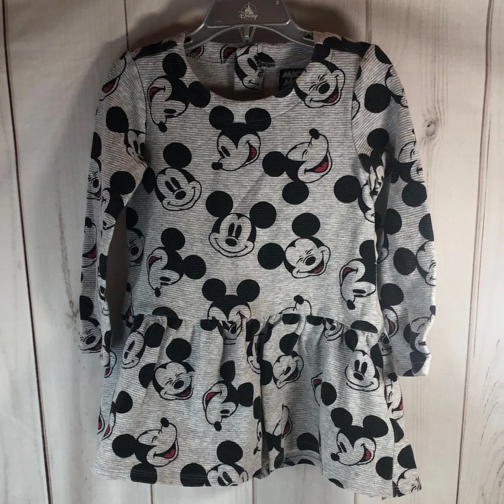 Disney Mickey Mouse Kids Dress Gray Black Red Sleeves Flounce Skirt Girls size 4